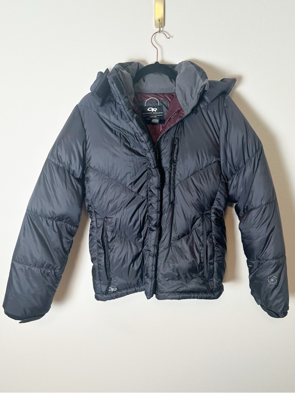 Outdoor Research Down Fill Puffer Jacket Hooded Charcoal Grey Black Small
